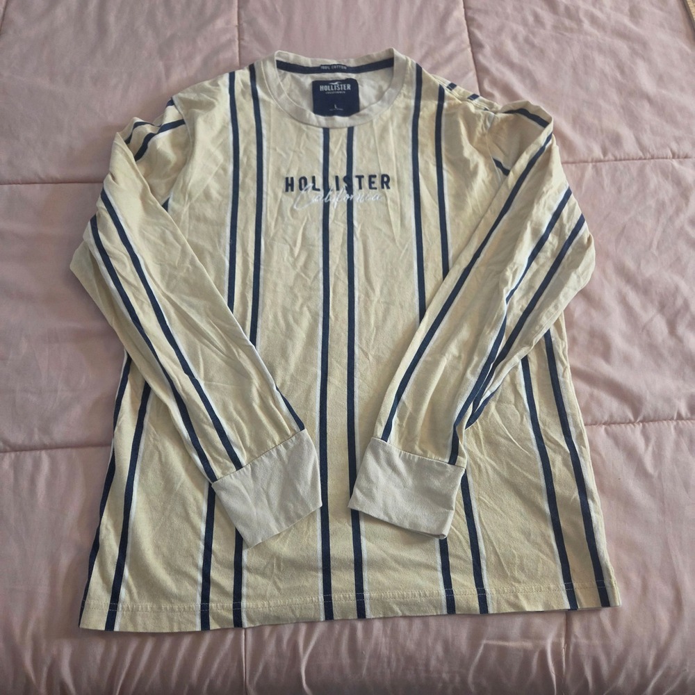 Hollister California Mens Large Yellow Vertical Stripe Long Sleeve Cotton Tee